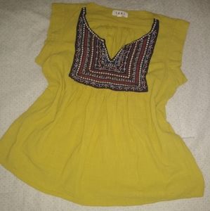 THML Anthropologie Embroidered Chest Top Textured Fabric Medium Green Yellow